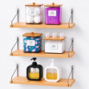 Laundry Room Organization Set, 3pack Wall Mounted Bamboo Floating Shelves with 4 Clear Laundry Pod Containers and 2 Soap Dispensers, No Drill Bathroom & Laundry Room Storage Organizer