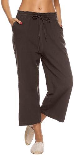 LNX Womens Linen Capri Pants Wide Leg High Waisted Drawstring Casual Cropped Pants with Pockets XL