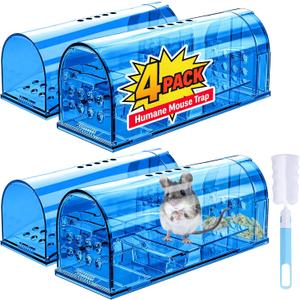 4 Pack Humane Mouse Traps No Kill, Catch and Release Live Mouse Trap Indoor for Home, Reusable Mice Trap Cage with Cleaning Brush(Blue)