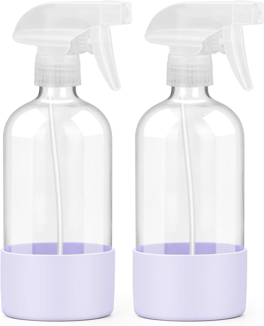 2 Pack Glass Spray Bottles with Silicone Sleeve, 16 oz Empty Refillable Containers with Adjustable Spray Nozzles, Spray Bottles for Hair, Cleaning Solutions and Plants Purple