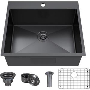 25 x 22 Inch Black Drop In Kitchen Bar Sink, Small Kitchen Sink Single Bowl Topmount Bar Prep Sink 18 Gauge Stainless Steel Bar Sink with Grid and Basket Strainer