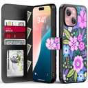 FUNMIKO for iPhone 15 Case Wallet,Detachable Flip Folio Leather Cover,RFID Blocking 4 Card Slots Holder,Magnetic Kickstand,Protective Phone Shell for Women Girls,Vibrant Flowers