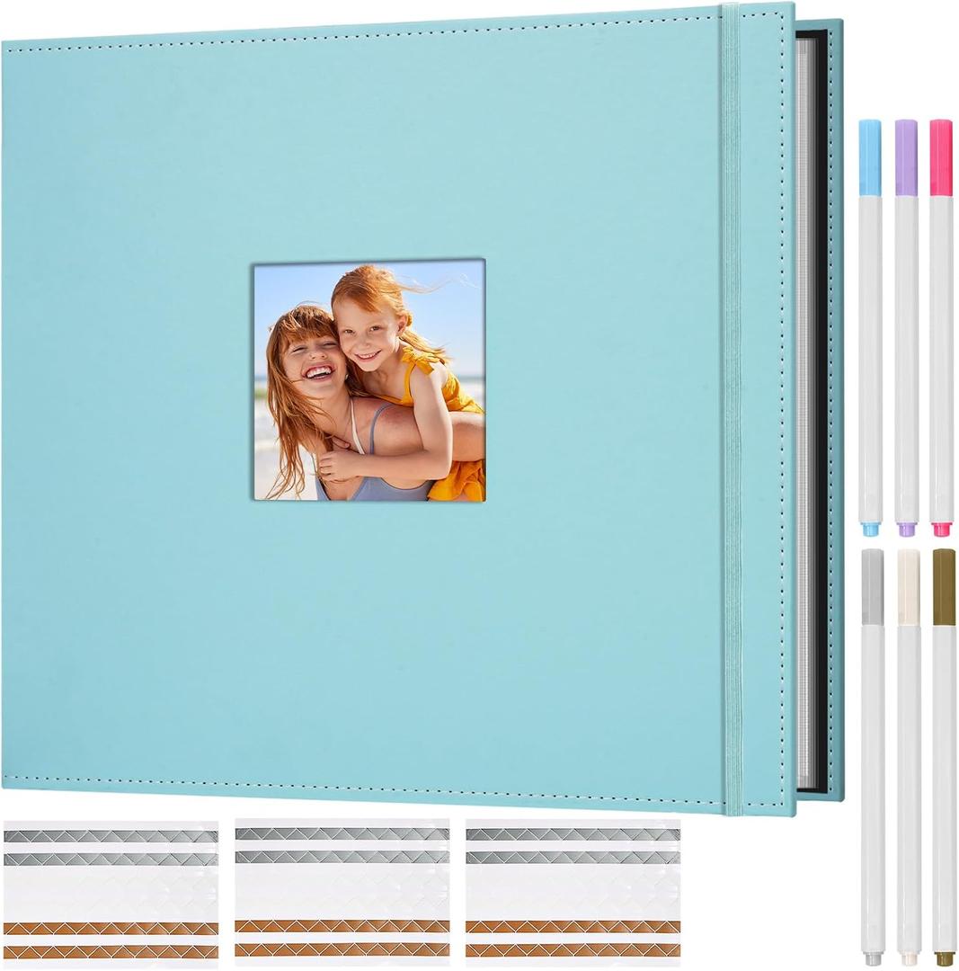 Scrapbook Photo Album, 3 Ring 12"x12" DIY Photo Album, Memory Scrapbook with 50 Sleeves 100 Pages, Perfect for Wedding, Travel, Family,Turquoise Blue