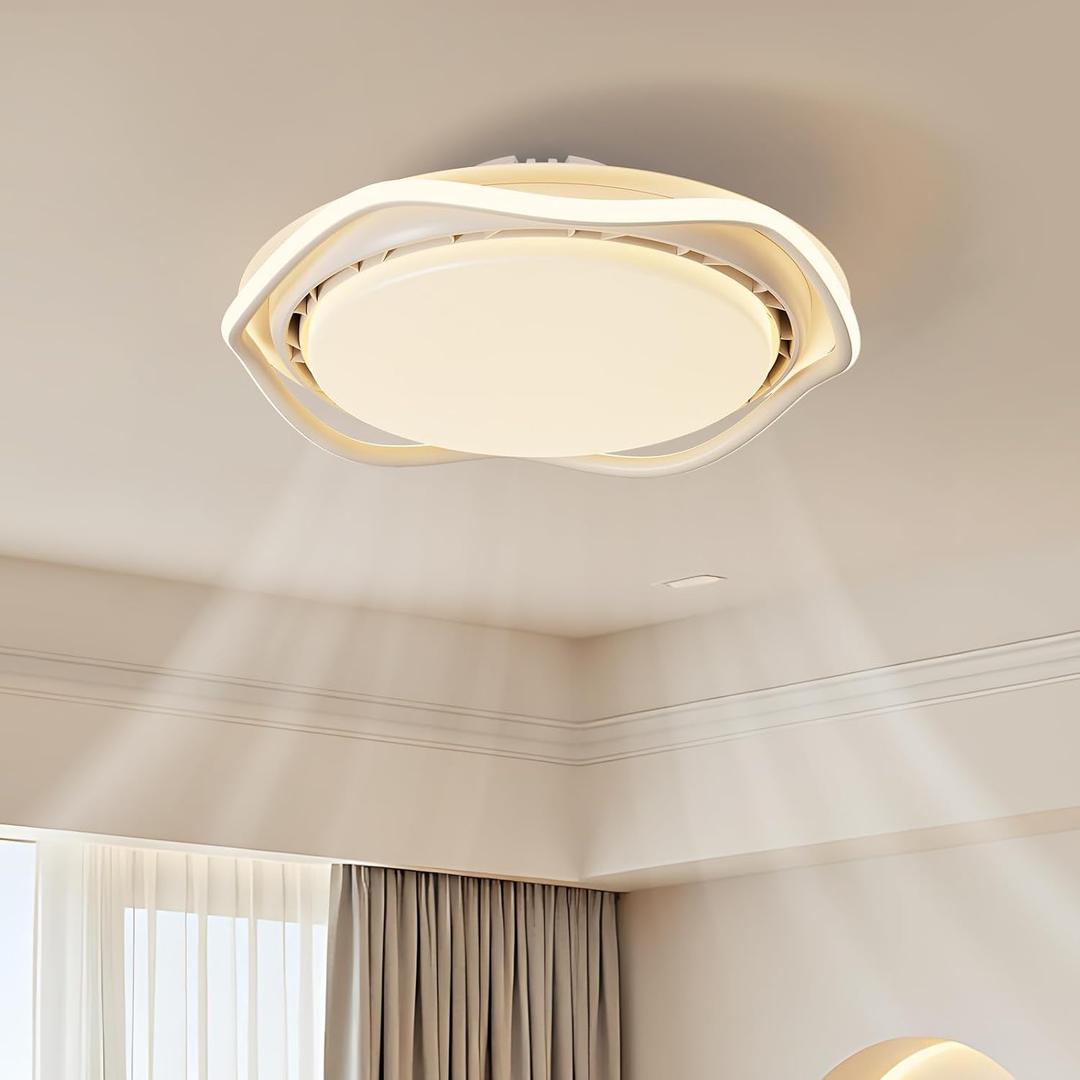 Enclosed Bladeless Ceiling Fan with Light and Remote Control, Three Adjustable Lighting Levels, White, Suitable for Study Room, Dining Room, Laundry Room