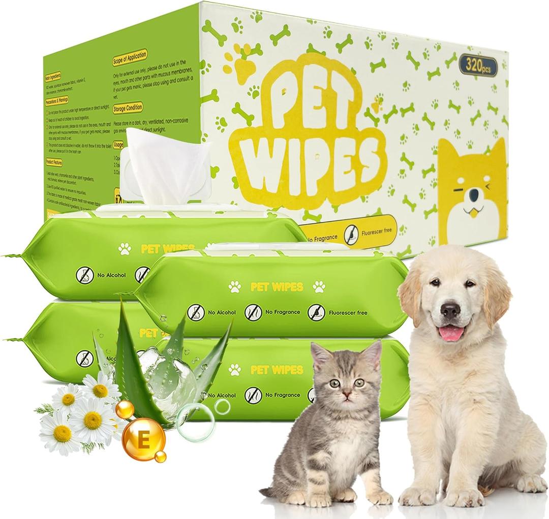 Unscented Hypoallergenic Pet Wipes - Deodorizing Cleaning Wipes for Dogs & Cats, Alcohol-Free & pH Balanced, Thick & Large Wipes for Paws, Body, Bum & Face, (Count of 320, More favorable)