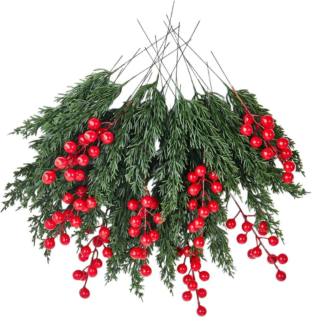AFPV Christmas Decorations for Home Indoor Artificial Evergreen Pine Branches with Red Berry Stems for Christmas Trees, Plants Decor & Navidad Decoracin (Red Berry Set)