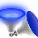 Blue Dusk to Dawn PAR38 LED Flood Light Bulbs with Auto On/Off Light Sensor for Porch Security or Landscape Lighting, Halloween, Christmas, Party, 30W = 100W, IP65 Waterproof, Pack of 2