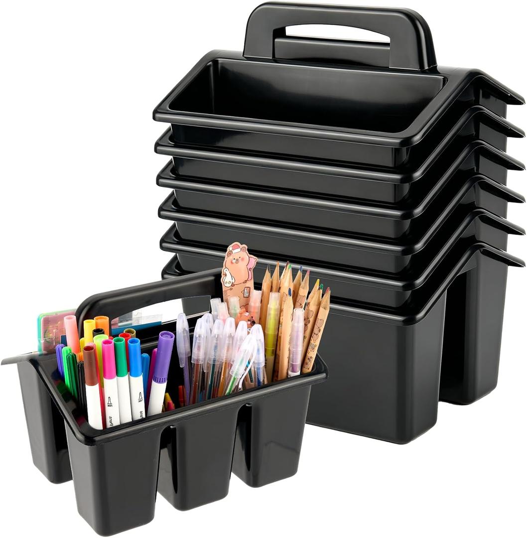 6 Pack Classroom Caddy Organizer with Handle, Table Caddy Classroom | 4 Compartments, 9×6.3×6.7 inches, Thick Durable PP Plastic, Built-in Handle, Stackable Design, for Classroom Desk Office Home