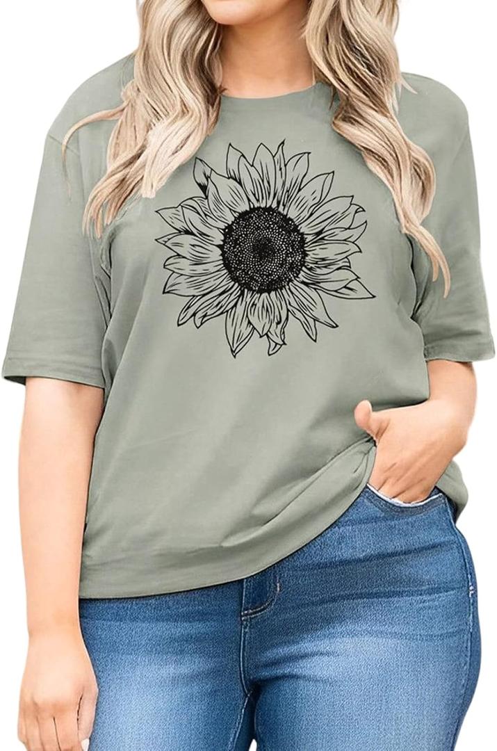 Plus Size Womens Summer Sunflower T Shirt Flower Graphic Oversized Tee Crew Neck Short Sleeve Casual Loose Tops (5X-Large, Sage Green)