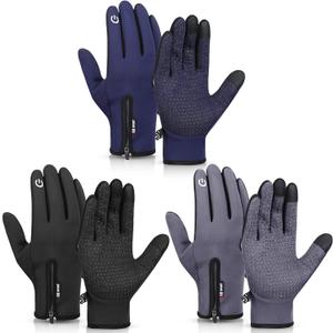 Zhanmai 3 Pairs Winter Warm Gloves Touch Screen Water Repellent Ski Gloves Anti Slip Windproof Thermal for Men Women Running Hiking (Large, Black, Gray, Navy)
