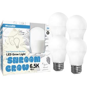 Miracle LED Shroom Grow Indoor LED Grow Bulbs for Oyster, Shiitake, Lions Mane Mushrooms ect. with 6.5K MINI Full Spectrum Replace 60W LED Grow Bulbs (4-Pack)