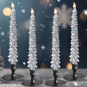 4 Pcs 10 Inch Christmas Tree Candles, Premium Natural Unscented Beeswax Christmas Tree Shaped Taper Candles with Cotton Wick, for Xmas Holiday Decor, Party, Banquet(Silver)