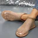 Ultra Comfortable Mesh Flats for Women Fishnet Sandals Low Heel Slip on Rhinestone Shoes, 7, Gold