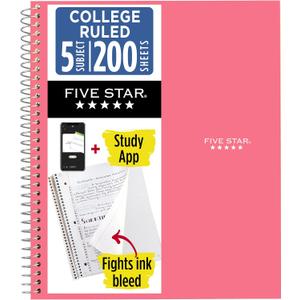 Five Star Spiral Notebook + Study App, 5 Subject, College Ruled Paper, 8-1/2" x 11", 200 Sheets, Fights Ink Bleed, Water Resistant Cover, Prom Pink (820004R)