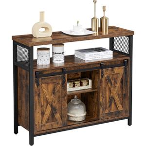 VASAGLE Buffet Cabinet, Coffee Bar Storage Cabinet, Sideboard with 2 Sliding Barn Doors, Adjustable Shelves, 13 x 39.4 x 31.5 Inches, for Living Room, Rustic Brown and Ink Black ULSC092B01