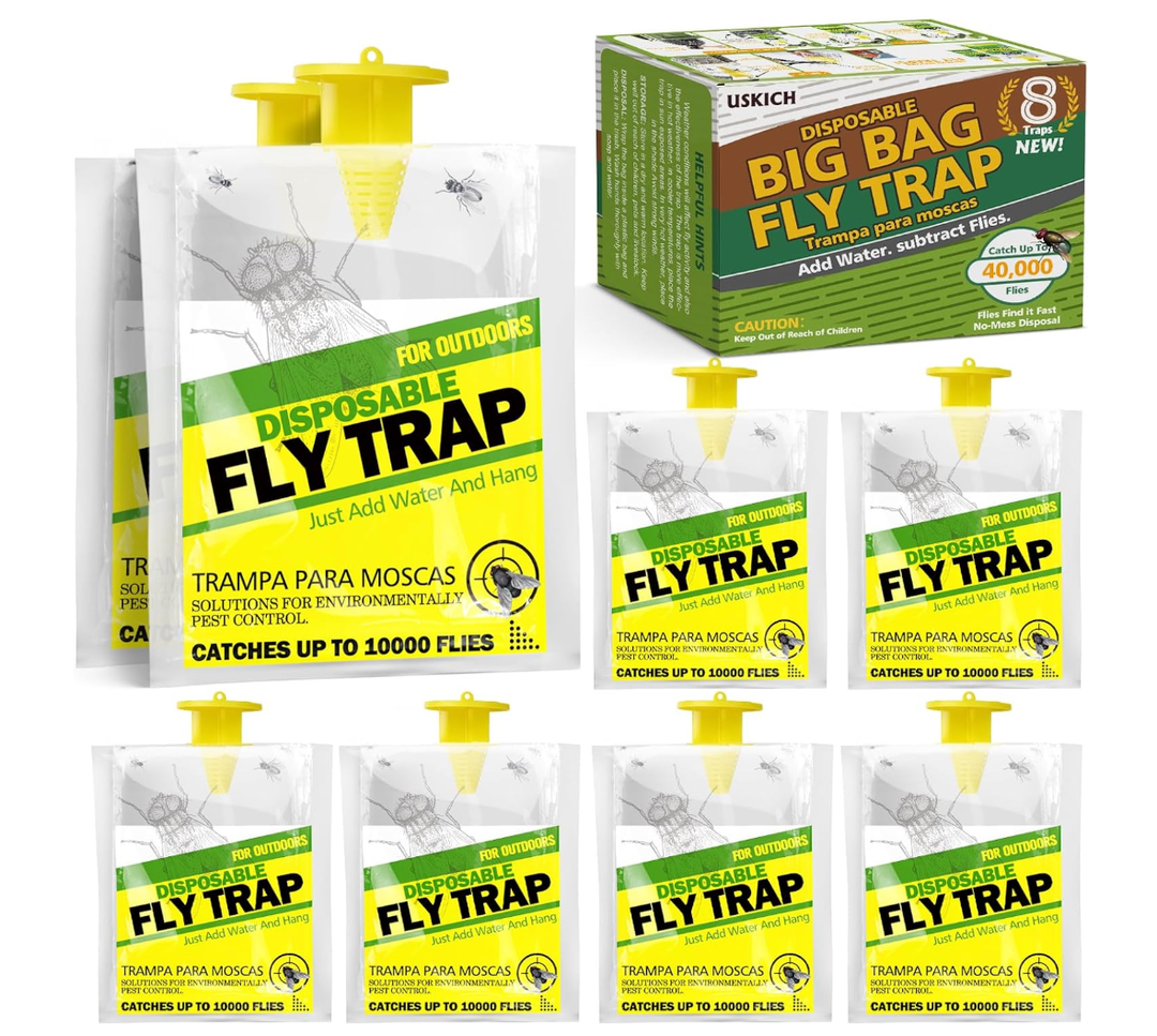 8 Pack Outdoor Hanging Fly Traps, Disposable Flies Killer Trap Bag Catcher with Natural Attractant Bait Bug Catcher and Flying Insect Trap for Outdoor Family Farm Park Orchard Garden