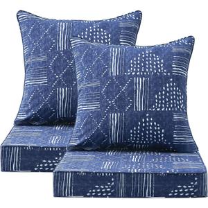 Outdoor Deep Seat & Back Cushion Set (2-Pack), 24 x 24 Inch Water Repellent and Fade Resistant Patio Furniture with Removable Cover for Outside Sofa Couch, Cobalt Grid