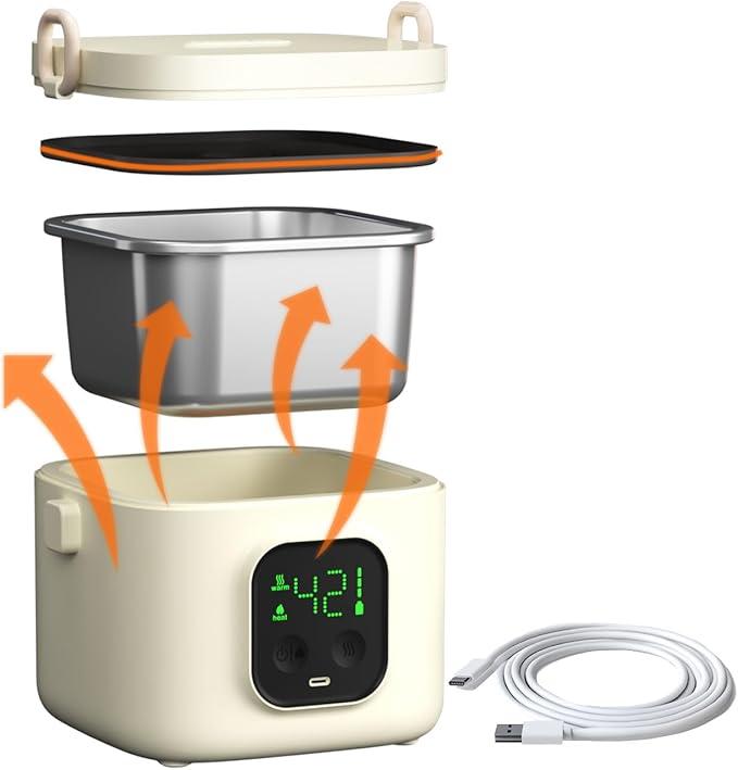 BOKASM Electric Lunch Box for Adults Woman,Cordless Electric Lunch Box for Youth,Rechargeable Portable Food Warmer 800ml Inner Container,Waterless Heating Fast Heating Lunchbox,Digital Display