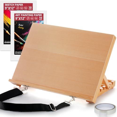 Tabletop Easel for Painting, 16.5"x12" Adjustable Portable Beechwood Drawing Board with Detachable Strap, Art Easel Includes Art Painting Papers, Sketch Papers and Masking Tape, Ideal for Diamond Art