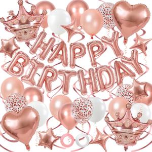 Rose Gold Birthday Decorations, 3D Foil Rose Gold Happy Birthday Balloon Banner with Crown and Heart Balloons, Confetti Balloons, Hanging Swirls, for Girls Women Party Decorations