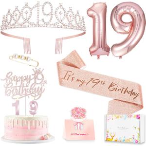 19th Birthday Decorations for Girl, 19th Birthday Sash and Crown, Cake Topper, Number Candles and Balloons, 19 Year Old Gifts for Girls
