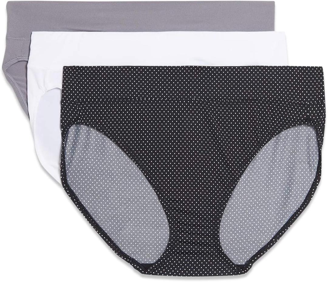 Warner's Women's Blissful Benefits Dig-Free Comfort Waistband Microfiber Hi-Cut 3-Pack 5138w (Medium, Black White Pindot Print/ White/ Smoked Pearl)