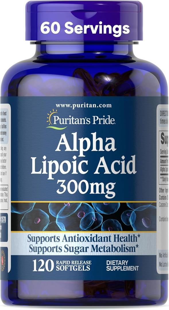 Puritan's Pride Alpha Lipoic Acid 300mg, Dietary Supplement for Antioxidant Health, Sugar and Energy Metabolism Support, 4 Month Supply, 120 Rapid Release Softgels
