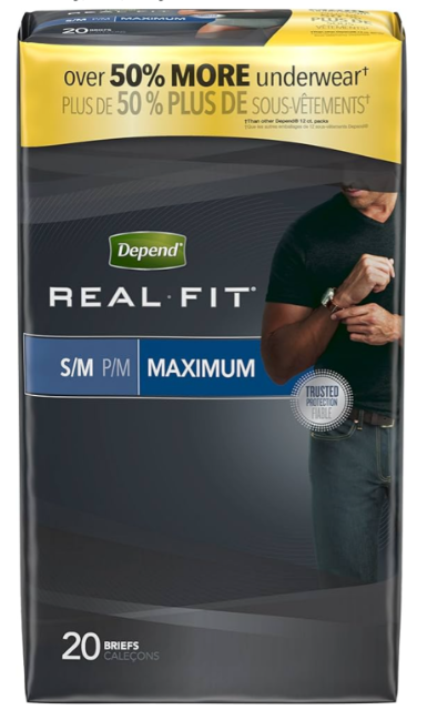 Depend Real Fit Incontinence Briefs for Men, Maximum Absorbency, S/M, Grey (28 Count)