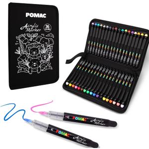 POMAC 36 Colors Acrylic Paint Markers, Water-Based Acrylic Pens Brush Tip, Art Drawing Liquid Paint Pens for Fabric, Canvas, Rock, Glass, Wood, Paper, DIY Crafts and Art Supplies