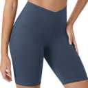 ODODOS Women's Crossover Yoga Shorts with Back Pocket, 8" Buttery Soft V High Waist Lounge Biker Shorts, Ink Blue, Small (Blue, S)