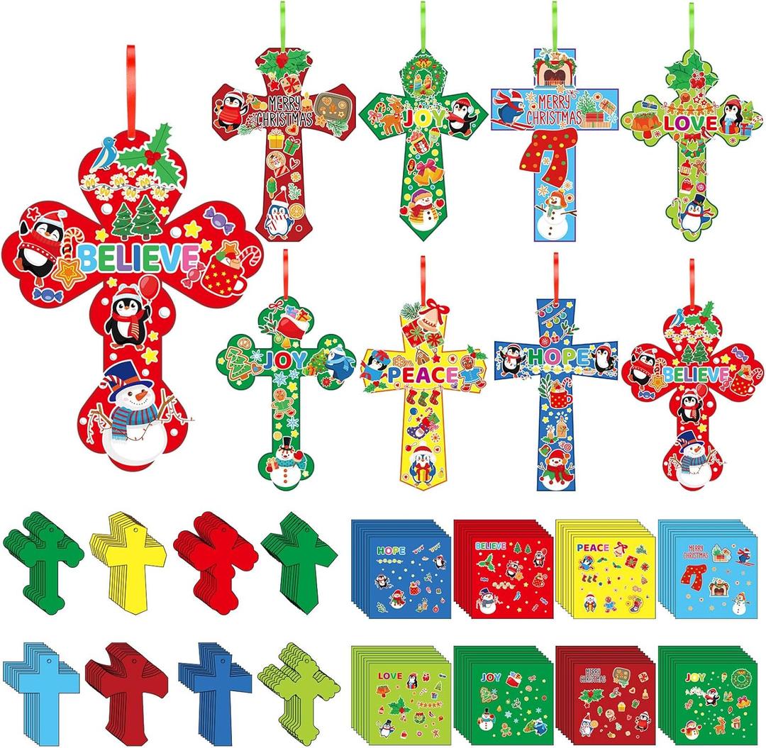 Watersay 48 Set Christmas Religious Cross Craft Kit Christian DIY Snowman Penguin Paper Crafts Make Your Own Christmas Hanging Ornament for Art Project Home Activities (Red)