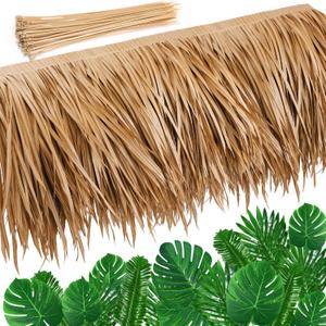 16.4ft Thatch Roof Rolls with 36 Pcs Palm Leaves Artificial Tiki Hut Grass Skirting Roof Green Fake Palm Leaf for Tiki Bars Gardens Fence Hawaiian Luau Party Decoration