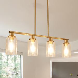Kitchen Island Lighting, 4-Light Dining Room Light Fixtures Over Table,Polished Gold Linear Chandelier for Dining Room Hanging,Pendant Lights Kitchen Island,with Clear Glass Shade