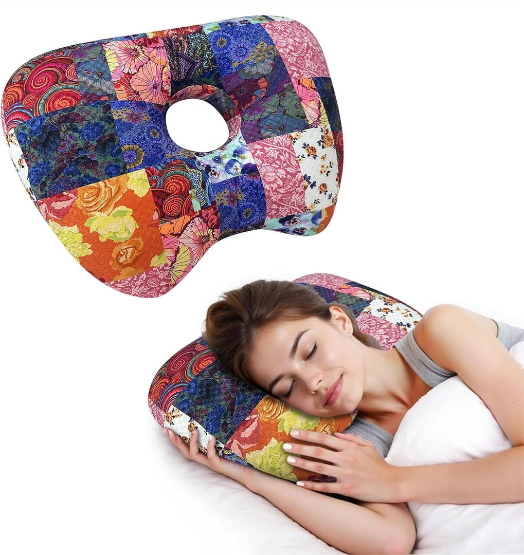 Ear Piercing Pillow with Ear Hole for Side Sleeper Relief Ear Pain,Cotton and Polyester Ear Pillows,Washable Ear Guard Pillow (Blue)