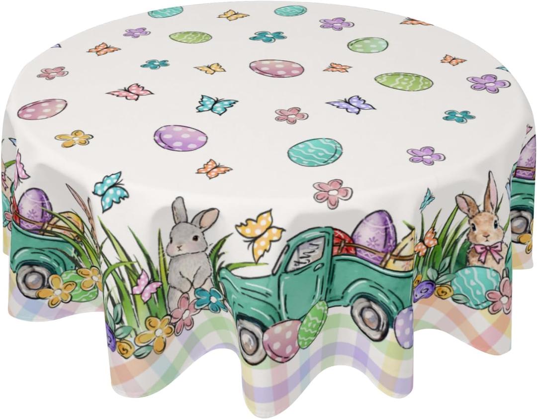 Giwawa Spring Easter Round Tablecloth Cute Bunny Table Cloth 60 Inch Truck Gnome Easter Rabbit Eggs Table Cover for Holiday Kitchen Party Dinner Decoration