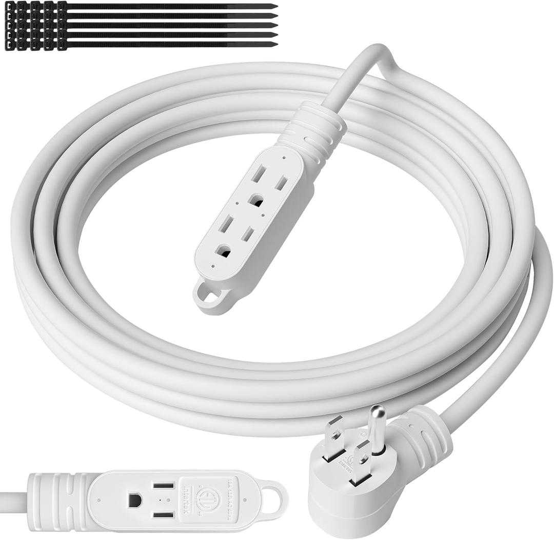 3 Prong Power Extension Cord with Multiple Outlets 4 FT, 16/3 Gauge Multi 3 Outlet Wire, 90 Degree Angled Male Plug, 16 AWG Grounded Wire (13A 125V 1625W), ETL Listed, White Cable with 25 Cable Ties