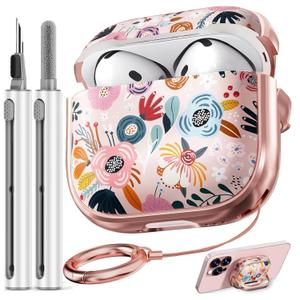 Inesore with Safety Lock for AirPods 4 Case Cover 2024,Floral Cute AirPod 4th Generation Case for Women Girly with Cleaner Kit and Keychain- Pink Berry Flower