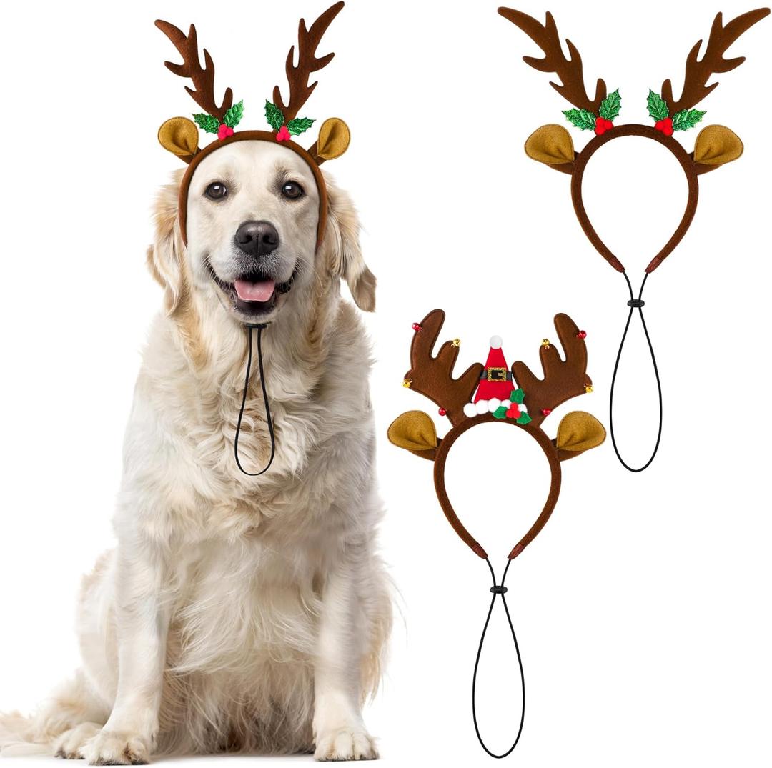 Apoway 2 Pieces Christmas Dog Headbands with Adjustable Rope Brown Reindeer Antler Headbands Holiday Costumes Accessories for Dog Cat Pet Hair Hoop Headpiece for Christmas Party