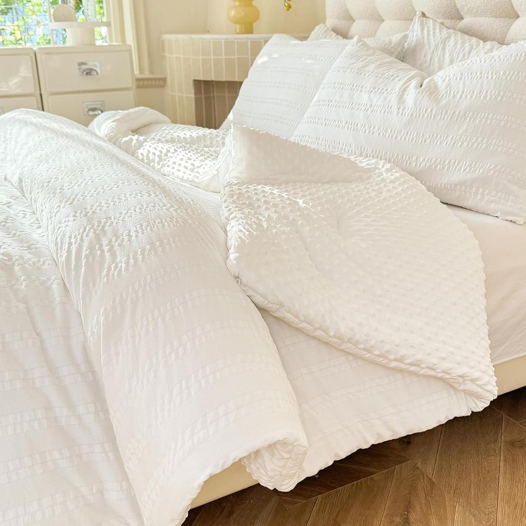 Boho Comforter Set Twin Size Striped Pleats Bohemian Seersucker Bedding Set All Season Soft Cozy 2 Pieces Quilt with 1 Pillowcase(68"X90" White)