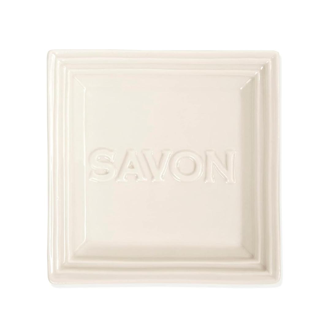 Pre de Provence Marseille Olive Oil Ceramic Soap Dish, Keeps Bar Dry and Protects Countertops, 4.3" Square (10.5 Ounce (Pack of 1), Savon)
