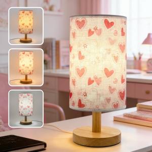 Boho Kids Table Lamp for Bedroom Girls Bedside Lamps,3-Way Dimmable Wood Base Nightstand Night Light with Pink Heart Pattern Lampshade for Living Bedroom Kids Room Office or Home Decor,Gifts for Woman