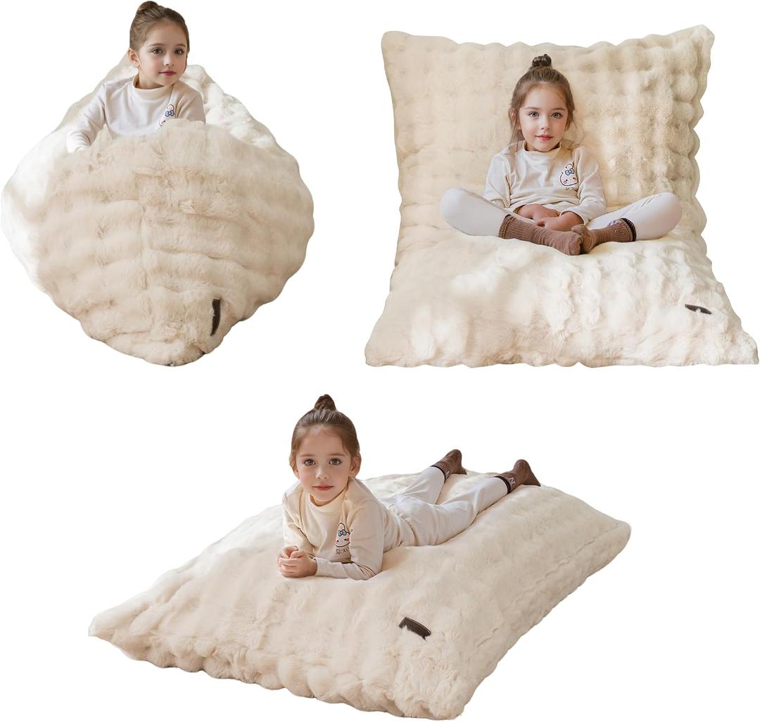 MAXYOYO 3 in 1 Kids Bean Bag Chair Bed, Child Floor Sofa for Gaming, Reading, Convertible Bean Bag Floor Cushion with Machine Washable Cover for Living Room Bedroom, Beige, 50"x35"