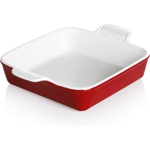 Sweejar Ceramic Baking Dish, 9 x 9 Cake Baking Pan for Brownie, Porcelain Square Bakeware with Double Handle for Casserole, Lasagna, Family Dinner (Red)