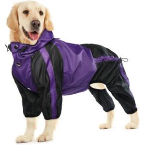 Dog Raincoat, Waterproof Dog Rain Coats for Large Dogs, Lightweight Rain Jacket, Adjustable 4 Legs Pet Poncho with Hood, Snow-Proof Dog Vest Rainwear, Rain Clothes Apparel with Leash Hole (Purple)
