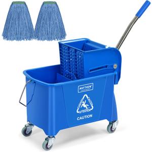 MATTHEW Cleaning Blue 22Quart Compact Mop Bucket INCL.2 Pcs Mop Head with Side Press Wringer On Wheels,Tandem Portable Floor Cleaning Wavebrake,Ideal for Household,Industrial,Restaurant,Janitorial Use