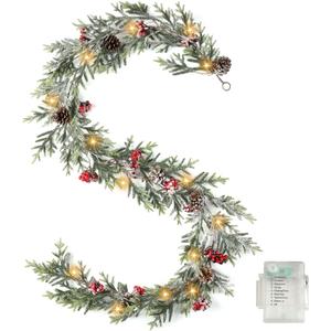 OZFHUA 6 FT Christmas Garland with Lights - Pre-Lit Artificial Christmas Garland, Flocked Garland with Red Berries Pine Cones for Decoration, Mantle Stairs Railing Home Xmas Decoration Indoor (Style 2)