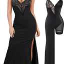 Popilush Maxi Dresses for Women Deep V Neck Shapewear Lace Satin high Slit Bodycon Cocktail Dress Party Going Out (XX-Large, Black)