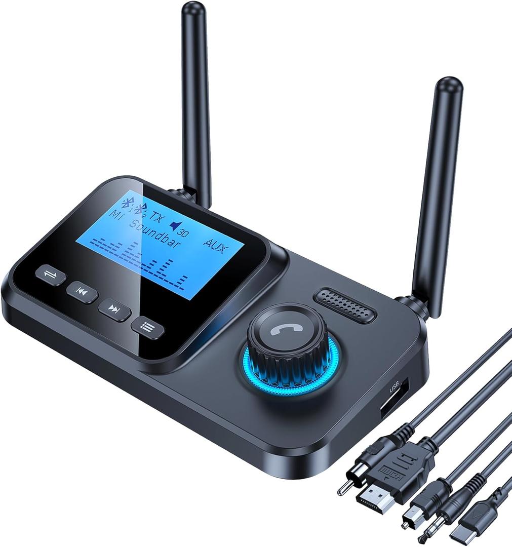 Bluetooth Transmitter for TV to 2 Headphones with HiFi ARC Low Latency, Bluetooth Transmitter Receiver LCD Display Adjustable Volume, AUX/Optical/Coaxial Audio Receiver for Home Stereo KAIY