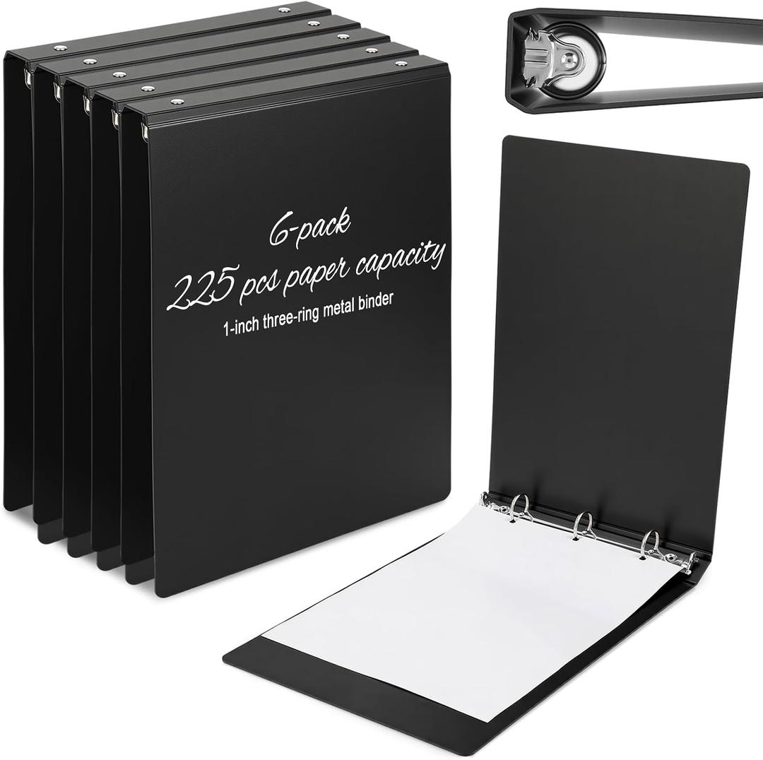 Eaasty 6 Pack 1 Inch 3 Ring Binder, Heavy Duty PP Plastic Binders for School Office, Waterproof Durable No-Gap Rings, Holds 225 Sheets Us Letter, College Supply(Black)