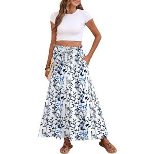 Askyes Womens Maxi Skirt Summer Tie Knot Elastic High Waisted Boho Casual Beach Flowy Swing Long Skirts with Pockets (Water Plants), XL